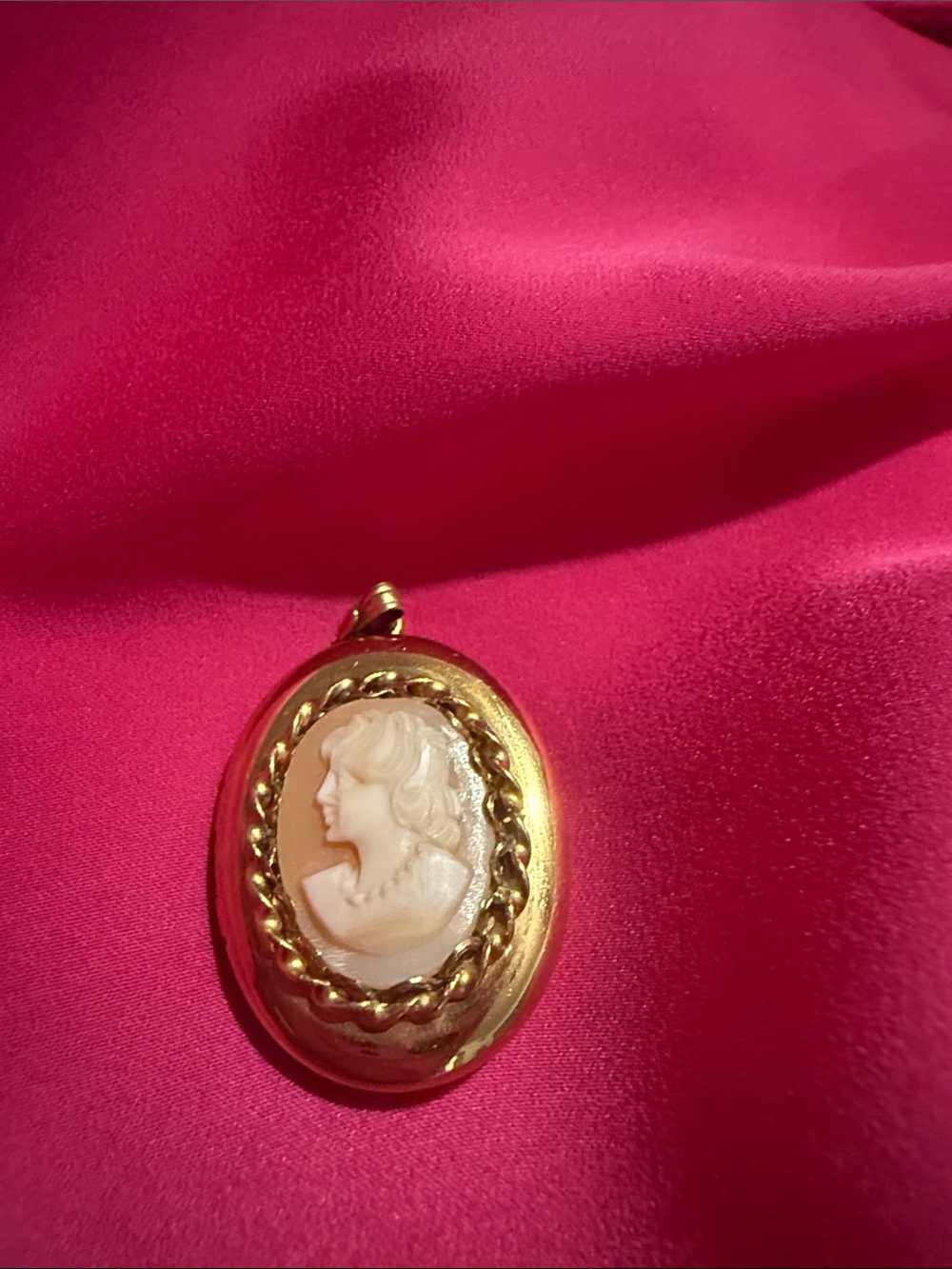 Gold Cameo Pendant Necklace with Pink Cameo Accent 12 Karat Gold Filled